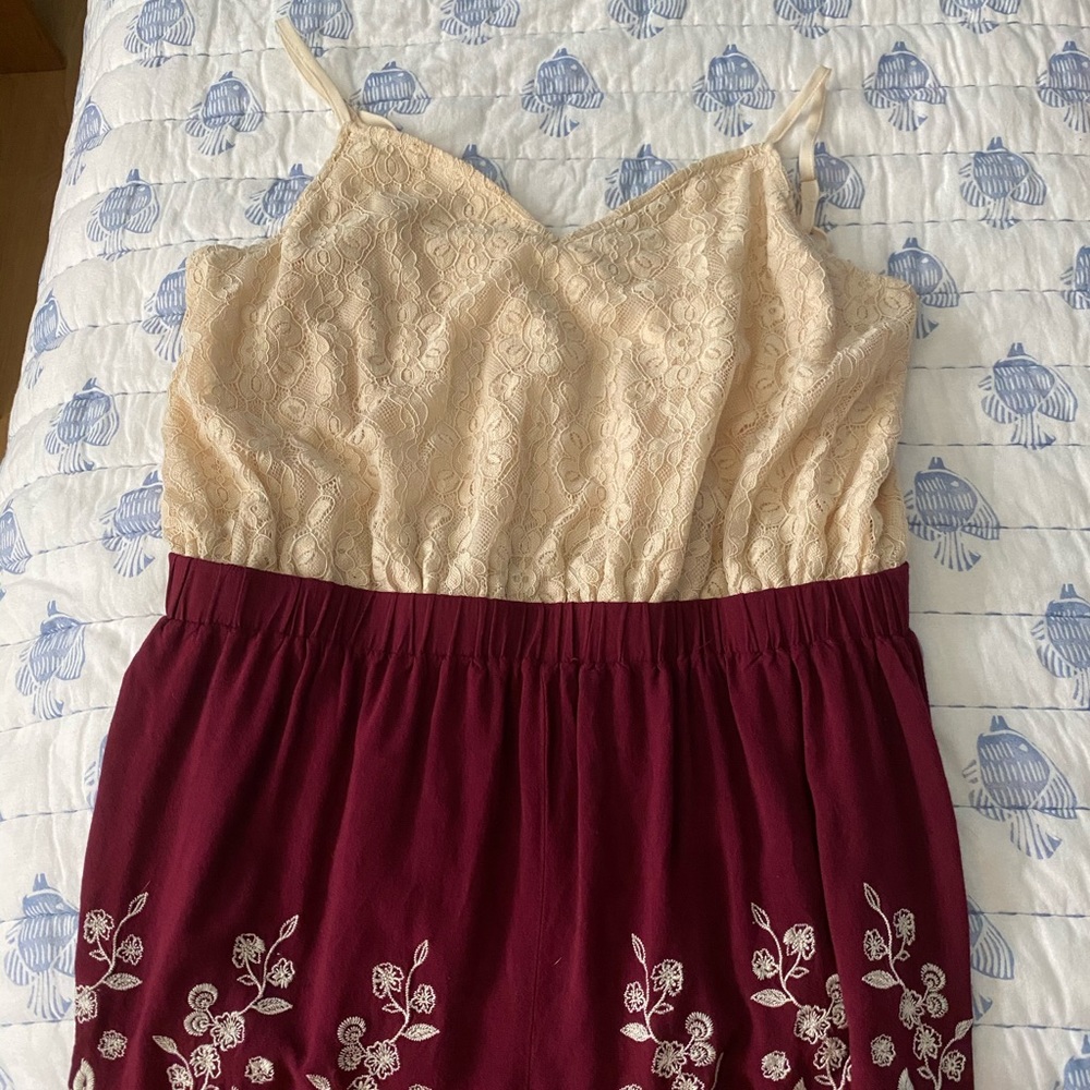 red and creme color romper